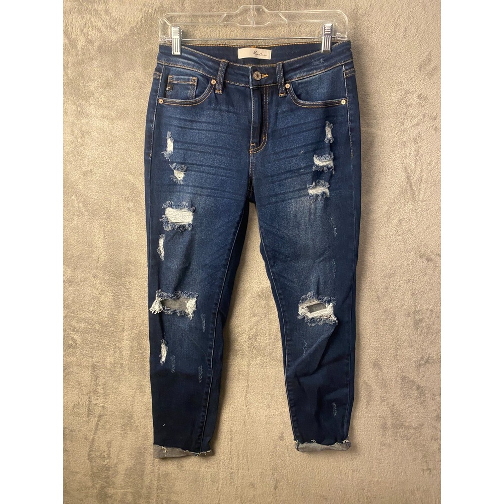 KanCan Distressed Skinny Jeans Women's 7/27 Dark Wash Stretch Denim Mid Rise - Picture 1 of 7